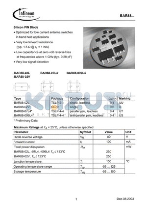 BAR88-02L datasheet - Silicon PIN Diode