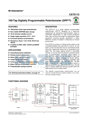 CAT5113ZI-00-T3 datasheet - 100-Tap Digitally Programmable Potentiometer (DPP)