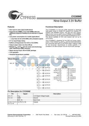 CY2309NZ datasheet - Nine-Output 3.3V Buffer