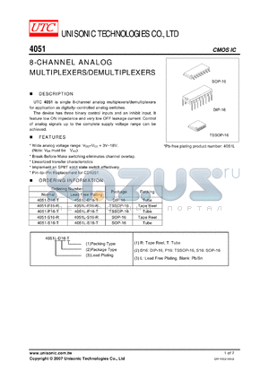 4051-P16-T datasheet - 8-CHANNEL ANALOG MULTIPLEXERS/DEMULTIPLEXERS