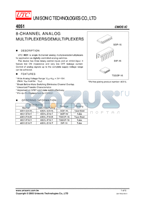 4051-P16-R datasheet - 8-CHANNEL ANALOG MULTIPLEXERS/DEMULTIPLEXERS