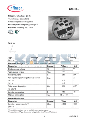 BAS116 datasheet - Silicon Low Leakage Diode