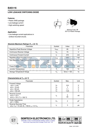 BAS116 datasheet - LOW LEAKAGE SWITCHING DIODE