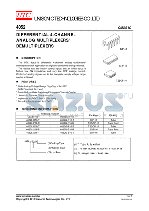 4052L-P16-R datasheet - DIFFERENTIAL 4-CHANNEL ANALOG MULTIPLEXERS DEMULTIPLEXERS