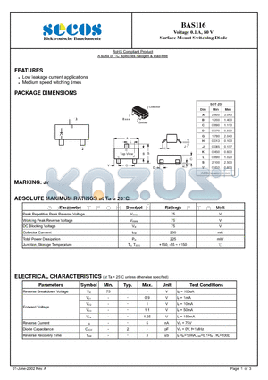 BAS116 datasheet - Surface Mount Switching Diode