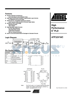 ATF22V10 datasheet - High Performance E2 PLD