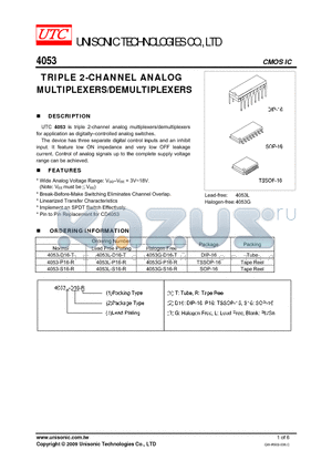 4053G-S16-R datasheet - TRIPLE 2-CHANNEL ANALOG MULTIPLEXERS/DEMULTIPLEXERS