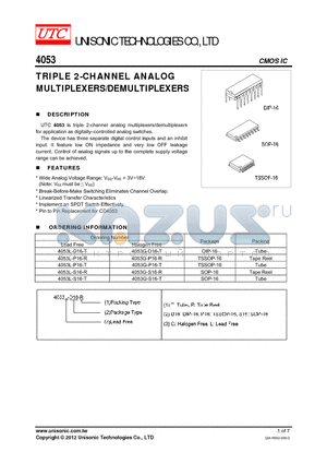 4053G-S16-T datasheet - TRIPLE 2-CHANNEL ANALOG MULTIPLEXERS/DEMULTIPLEXERS