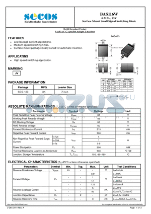 BAS116W datasheet - 0.215A , 85V Surface Mount Small Signal Switching Diode