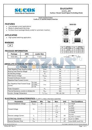 BAS116WS datasheet - 0.215A , 85V Surface Mount Small Signal Switching Diode