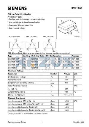 BAS125-04W datasheet - Preliminary data Silicon Schottky Diodes (For low-loss, fast-recovery, meter protection, bias isolation and clamping application)