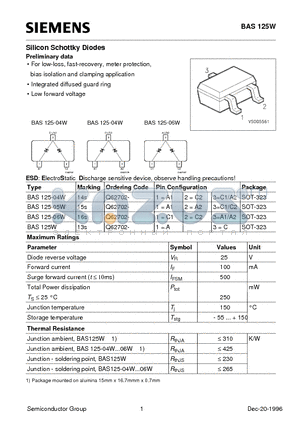 BAS125-06W datasheet - Preliminary data Silicon Schottky Diodes (For low-loss, fast-recovery, meter protection, bias isolation and clamping application)