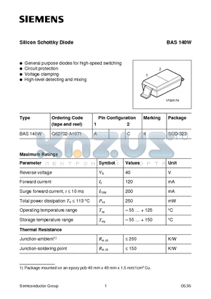 BAS140 datasheet - Silicon Schottky Diode (General purpose diodes for high-speed switching Circuit protection Voltage clamping High-level detecting and mixing)