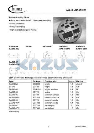 BAS140W datasheet - Silicon Schottky Diode