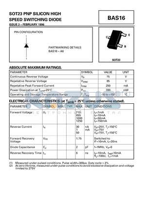 BAS16 datasheet - PNP SILICON HIGH SPEED SWITCHING DIODE