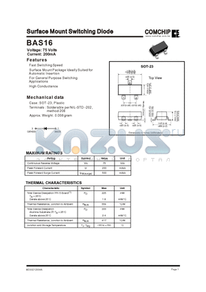 BAS16 datasheet - Surface Mount Switching Diode