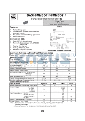 BAS16 datasheet - Surface Mount Switching Diode