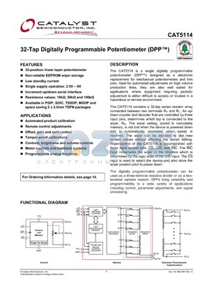 CAT5114YI-00-G datasheet - 32-Tap Digitally Programmable Potentiometer (DPP)