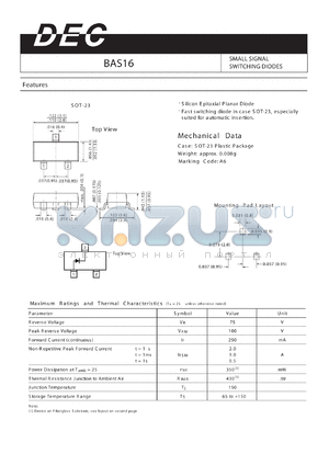 BAS16 datasheet - SMALL SIGNAL SWITCHING DIODES