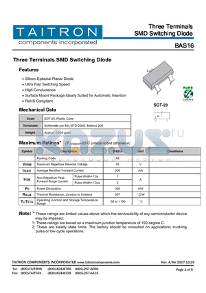 BAS16 datasheet - Three Terminals SMD Switching Diode