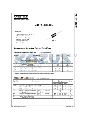 1N5819 datasheet - 1.0 Ampere Schottky Barrier Rectifiers