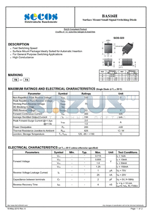 BAS16H datasheet - Surface Mount Small Signal Switching Diode