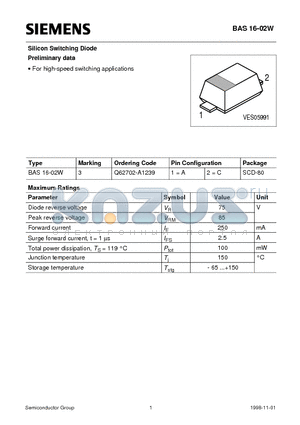 BAS16-02W datasheet - Silicon Switching Diode Preliminary data (For high-speed switching applications)