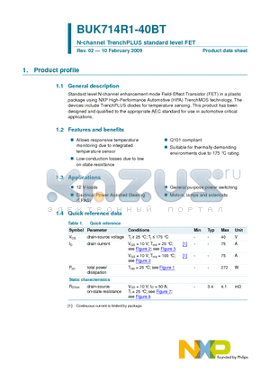 BUK714R1-40BT datasheet - N-channel TrenchPLUS standard level FET