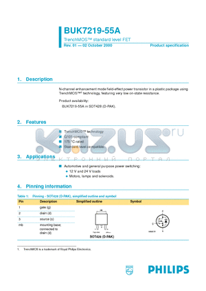 BUK7219-55A datasheet - TrenchMOS standard level FET