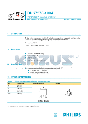 BUK7275-100A datasheet - TrenchMOS standard level FET