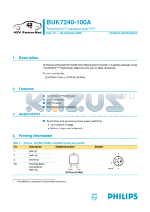 BUK7240-100A datasheet - TrenchMOS standard level FET