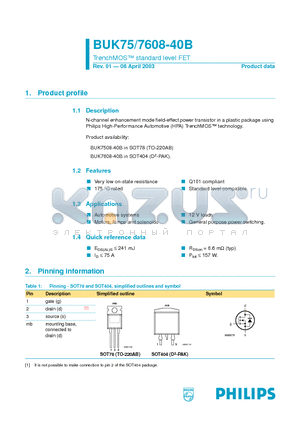 BUK7508-40B datasheet - TRENCHMOS-TM STANDARD LEVELl FET