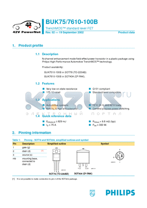 BUK7510-100B datasheet - TrenchMOS standard level FET