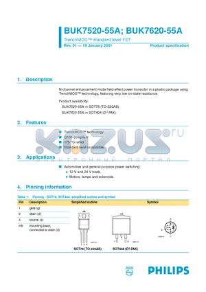 BUK7520-55A datasheet - N-channel enhancement mode field-effect power transistor in a plastic package using TrenchMOS technology, featuring very low on-state resistance.