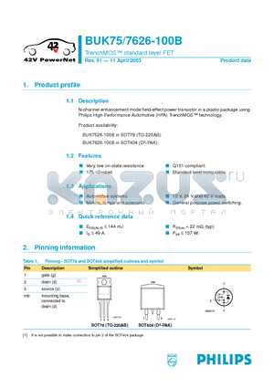 BUK7526-100B datasheet - TrenchMOS standard level FET