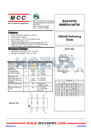 BAS16TW_13 datasheet - 200mW Switching Diode