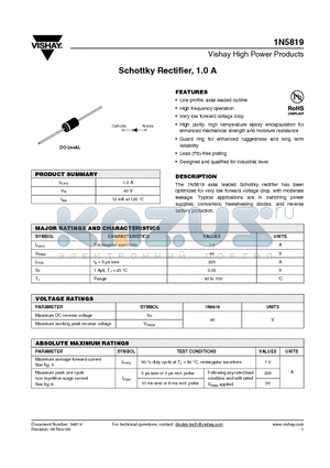 1N5819TR datasheet - Schottky Rectifier, 1.0 A