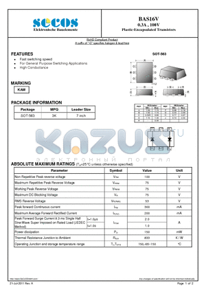 BAS16V datasheet - 0.3A , 100V Plastic-Encapsulated Transistors