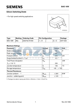 BAS16W datasheet - Silicon Switching Diode (For high speed switching applications)