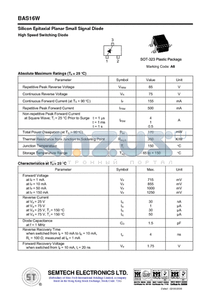 BAS16W datasheet - Silicon Epitaxial Planar Small Signal Diode