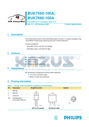 BUK7660-100A datasheet - TrenchMOS standard level FET