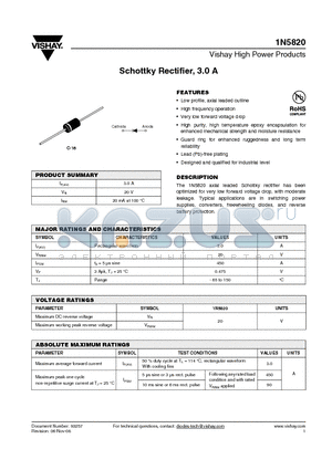 1N5820 datasheet - Schottky Rectifier, 3.0 A