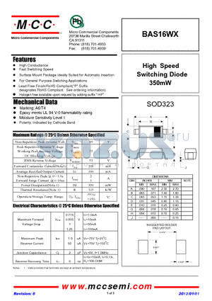 BAS16WX_13 datasheet - High Speed Switching Diode 350mW