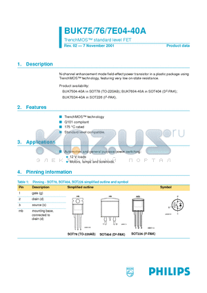 BUK7E04-40A datasheet - TrenchMOS standard level FET