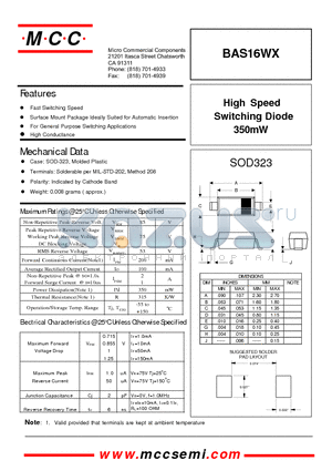 BAS16WX datasheet - High Speed Switching Diode 350mW