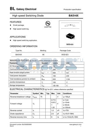 BAS16X datasheet - High speed Switching Diode