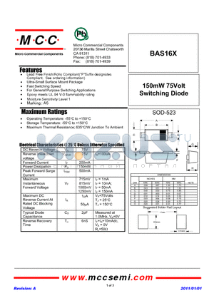 BAS16X datasheet - 150mW 75Volt Switching Diode