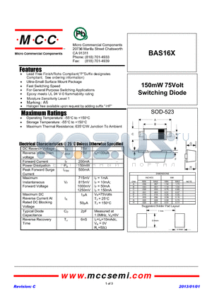 BAS16X_13 datasheet - 150mW 75Volt Switching Diode