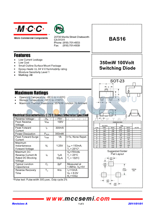 BAS16_11 datasheet - 350mW 100Volt Switching Diode