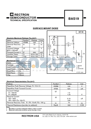 BAS19 datasheet - SURFACE MOUNT DIODE